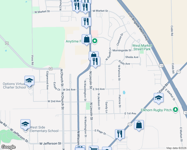 map of restaurants, bars, coffee shops, grocery stores, and more near 621 North Lincoln Street in Elkhorn