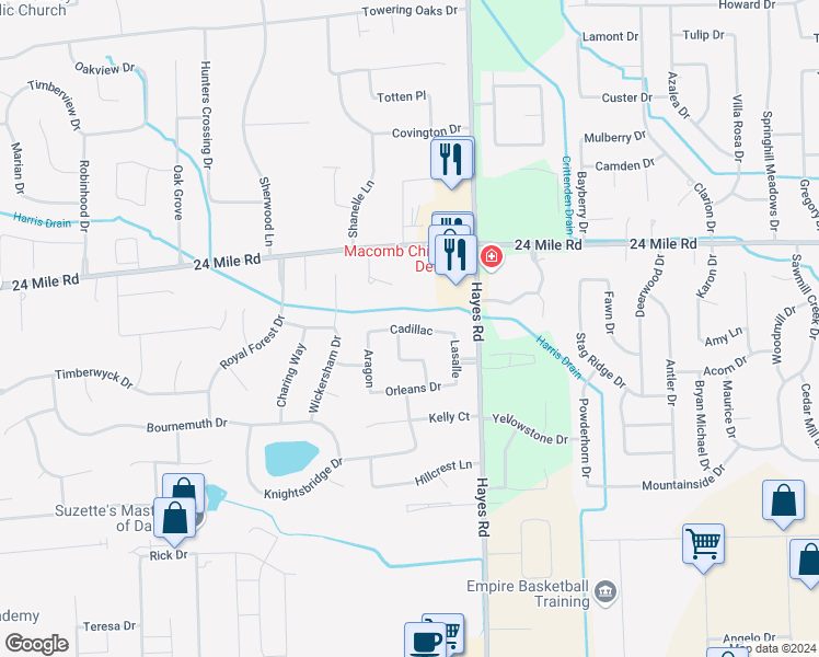 map of restaurants, bars, coffee shops, grocery stores, and more near Cadillac in Charter Township of Shelby