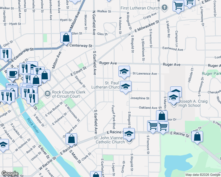 map of restaurants, bars, coffee shops, grocery stores, and more near 220 Forest Park Boulevard in Janesville