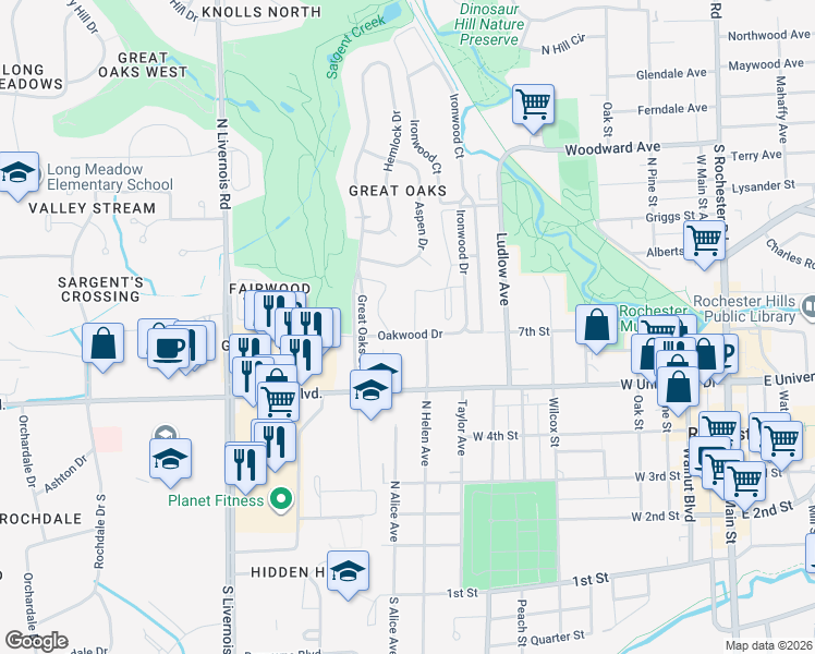 map of restaurants, bars, coffee shops, grocery stores, and more near 940 Oakwood Drive in Rochester