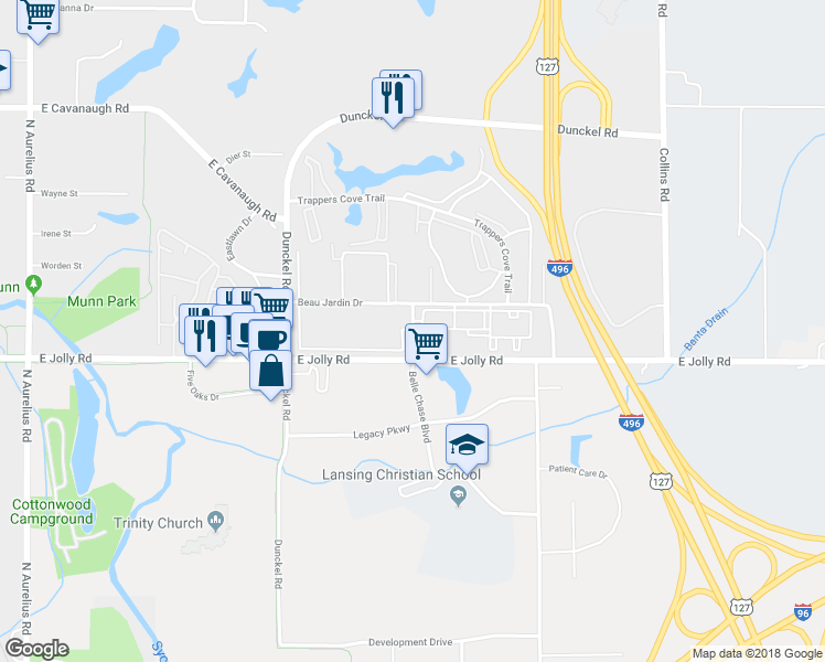 map of restaurants, bars, coffee shops, grocery stores, and more near 4983 Belle Chase Boulevard in Lansing