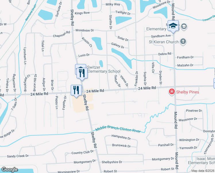 map of restaurants, bars, coffee shops, grocery stores, and more near 53064 Starlite Drive in Macomb County