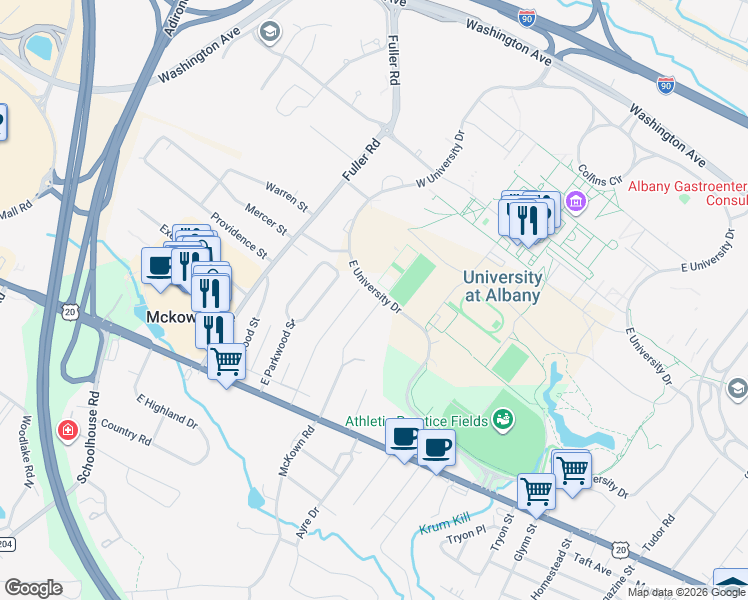 map of restaurants, bars, coffee shops, grocery stores, and more near 43 Norwood Street in Albany