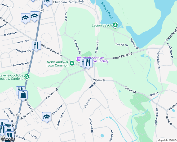map of restaurants, bars, coffee shops, grocery stores, and more near 3 Great Pond Road in North Andover