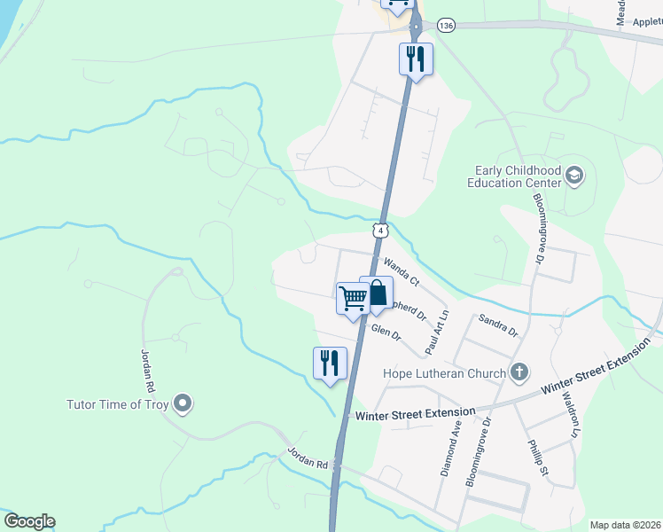 map of restaurants, bars, coffee shops, grocery stores, and more near 15 Highland Acres in Troy