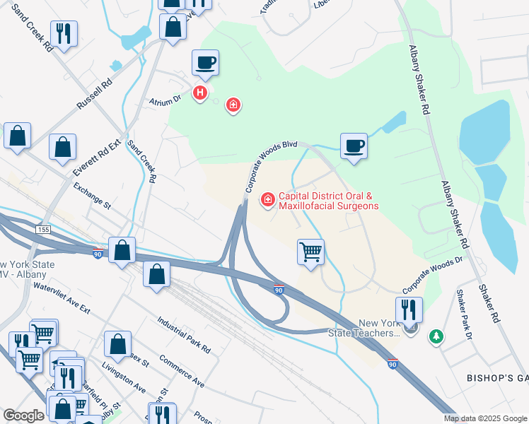 map of restaurants, bars, coffee shops, grocery stores, and more near 7 Southwoods Boulevard in Albany
