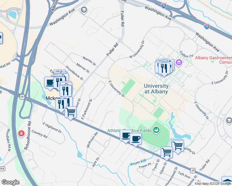 map of restaurants, bars, coffee shops, grocery stores, and more near 43 Norwood Street in Albany