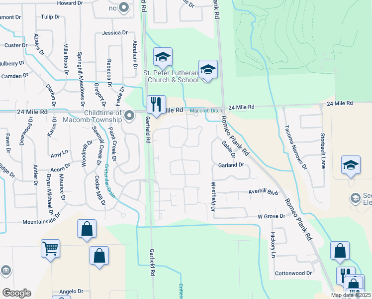 map of restaurants, bars, coffee shops, grocery stores, and more near 16814 Crystal Drive in Macomb