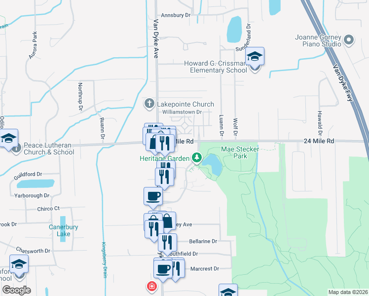 map of restaurants, bars, coffee shops, grocery stores, and more near 8128 24 Mile Road in Macomb County