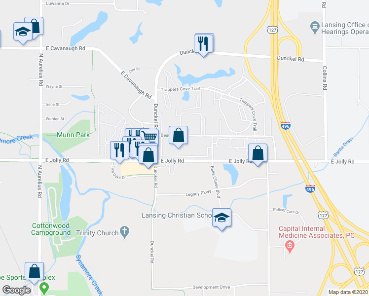 map of restaurants, bars, coffee shops, grocery stores, and more near 2814 Beau Jardin Drive in Lansing