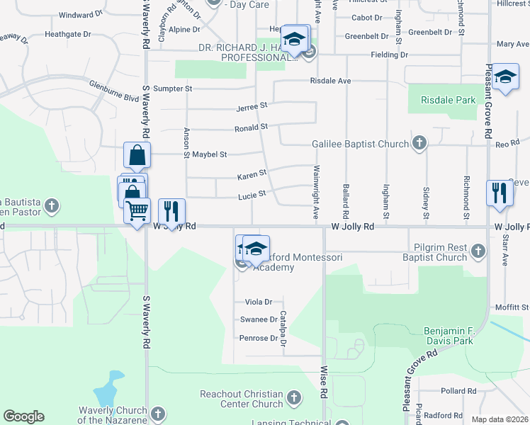 map of restaurants, bars, coffee shops, grocery stores, and more near 4916 Stillwell Avenue in Lansing
