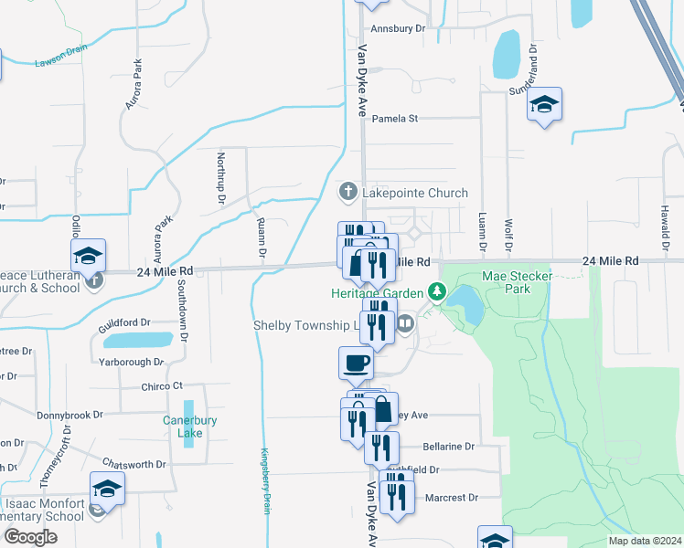map of restaurants, bars, coffee shops, grocery stores, and more near 7760 24 Mile Road in Shelby Township