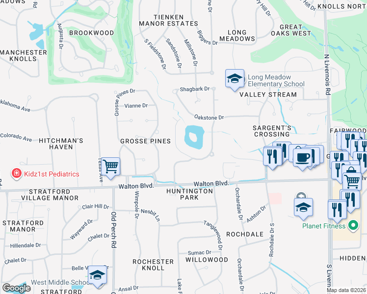 map of restaurants, bars, coffee shops, grocery stores, and more near 150 Tartan Drive in Rochester Hills