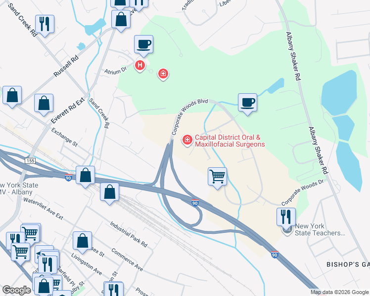 map of restaurants, bars, coffee shops, grocery stores, and more near 7 Southwoods Boulevard in Albany
