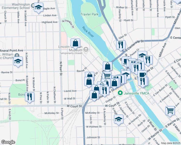 map of restaurants, bars, coffee shops, grocery stores, and more near 326 North High Street in Janesville