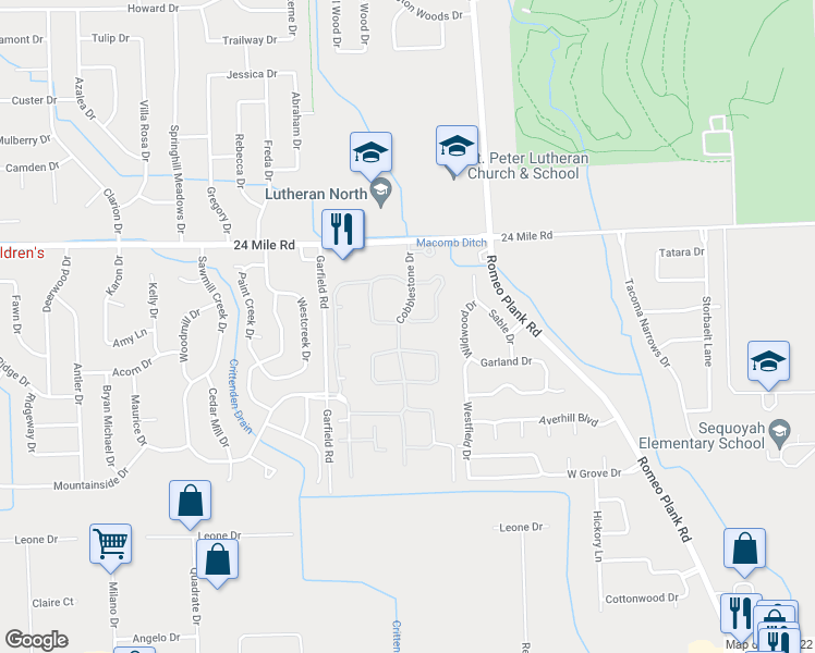 map of restaurants, bars, coffee shops, grocery stores, and more near 16814 Crystal Drive in Macomb