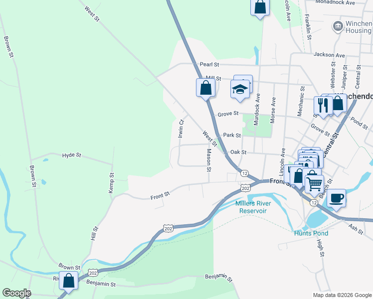 map of restaurants, bars, coffee shops, grocery stores, and more near 66 Hyde Park Street in Winchendon