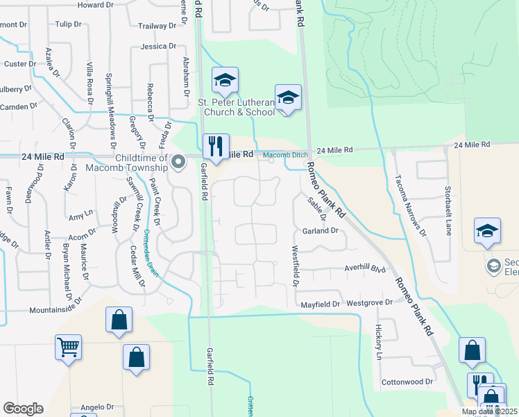 map of restaurants, bars, coffee shops, grocery stores, and more near 16814 Crystal Drive in Macomb