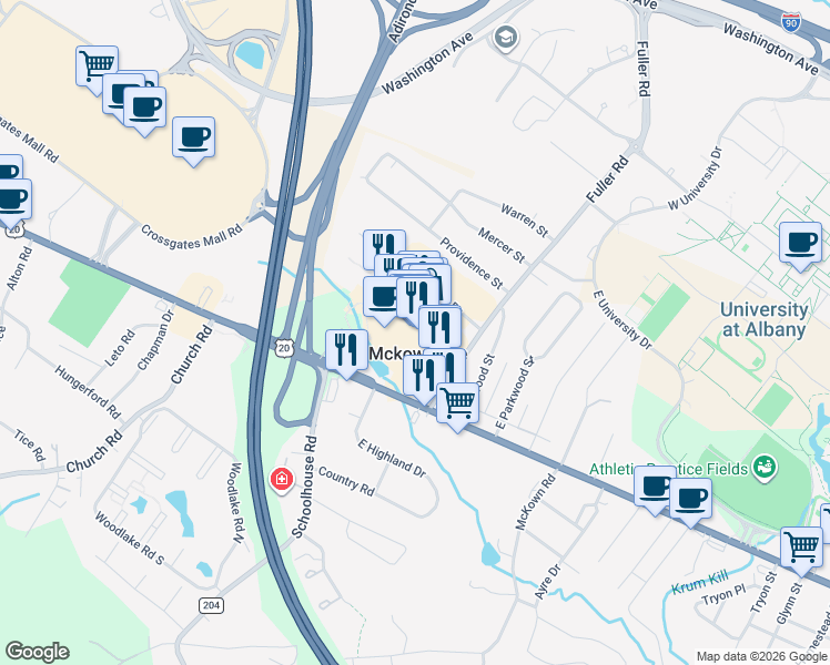 map of restaurants, bars, coffee shops, grocery stores, and more near 1475 Western Avenue in Albany