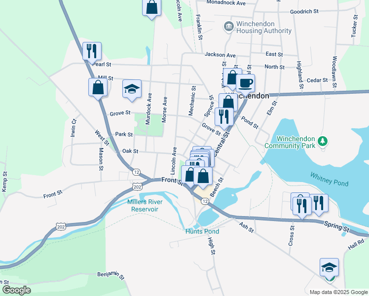 map of restaurants, bars, coffee shops, grocery stores, and more near 24 Spruce Street in Winchendon