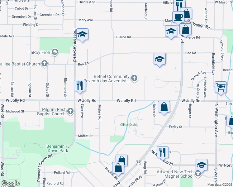 map of restaurants, bars, coffee shops, grocery stores, and more near 1726 West Jolly Road in Lansing