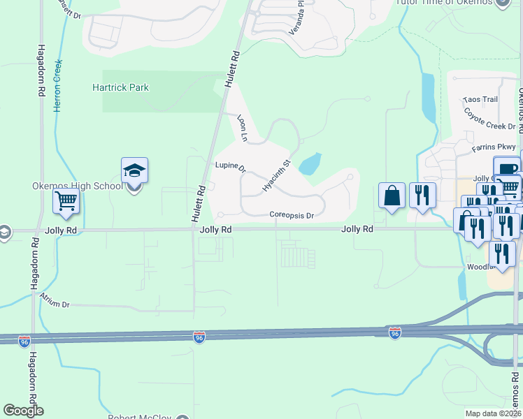 map of restaurants, bars, coffee shops, grocery stores, and more near 2696 Coreopsis Drive in Meridian charter Township
