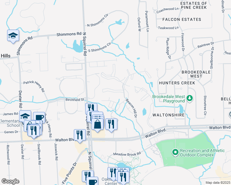 map of restaurants, bars, coffee shops, grocery stores, and more near 2641 Beacon Hill Court in Auburn Hills
