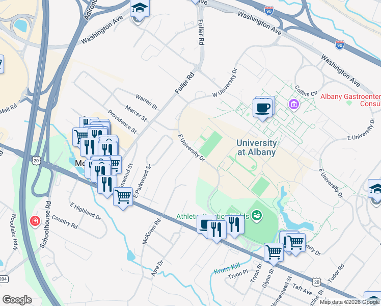 map of restaurants, bars, coffee shops, grocery stores, and more near 43 Norwood Street in Albany