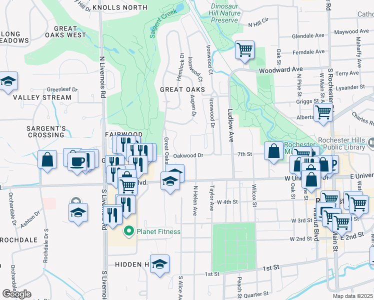 map of restaurants, bars, coffee shops, grocery stores, and more near 964 Oakwood Drive in Rochester