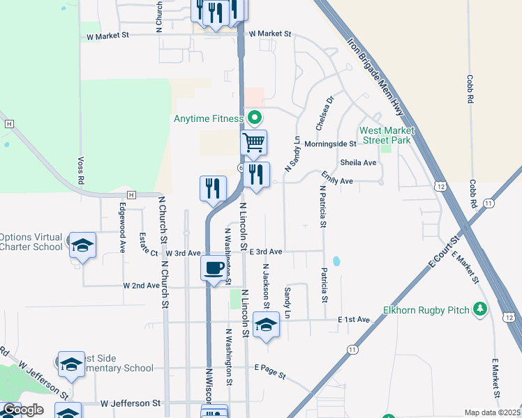 map of restaurants, bars, coffee shops, grocery stores, and more near 621 North Lincoln Street in Elkhorn