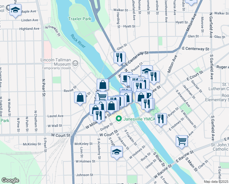 map of restaurants, bars, coffee shops, grocery stores, and more near 200 North River Street in Janesville
