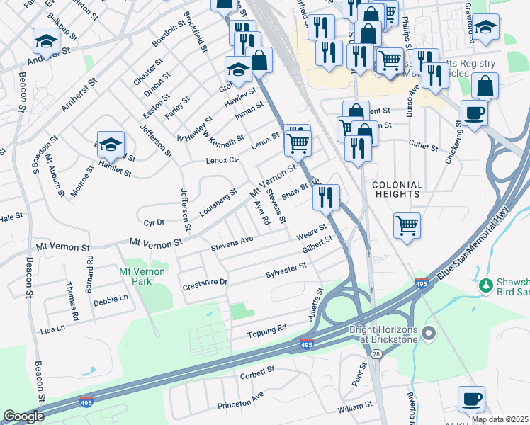 map of restaurants, bars, coffee shops, grocery stores, and more near 16 Ayer Road in Lawrence