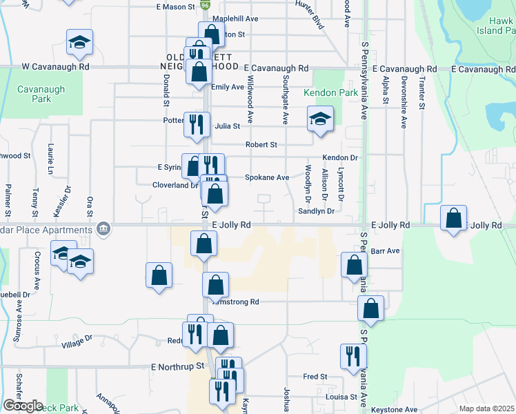 map of restaurants, bars, coffee shops, grocery stores, and more near 621 East Jolly Road in Lansing