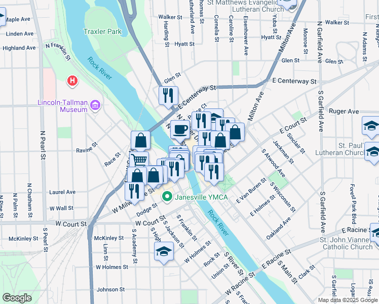 map of restaurants, bars, coffee shops, grocery stores, and more near 117 North Main Street in Janesville