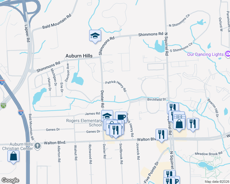 map of restaurants, bars, coffee shops, grocery stores, and more near 2741 Patrick Henry Road in Auburn Hills