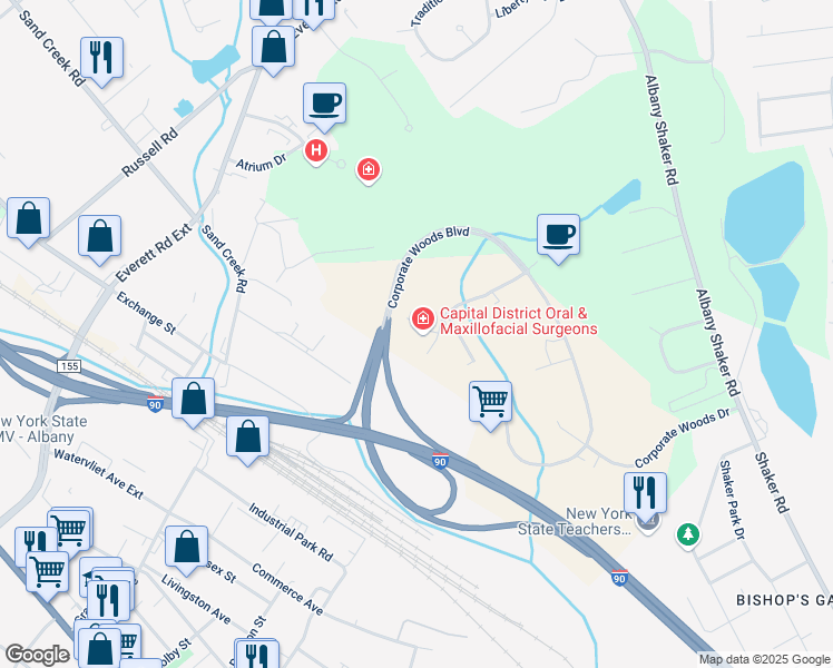 map of restaurants, bars, coffee shops, grocery stores, and more near 7 Southwoods Boulevard in Albany