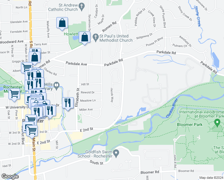 map of restaurants, bars, coffee shops, grocery stores, and more near 586 Jacob Way in Rochester