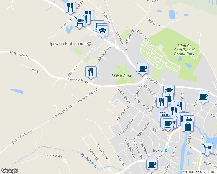 map of restaurants, bars, coffee shops, grocery stores, and more near 34 Linebrook Road in Ipswich