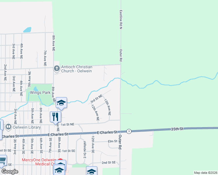 map of restaurants, bars, coffee shops, grocery stores, and more near 1301-1399 3rd Street Northeast in Oelwein
