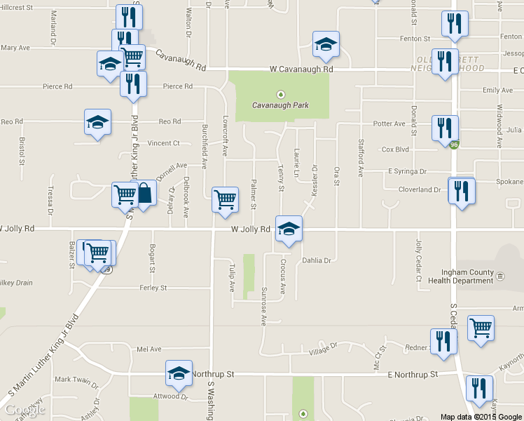 map of restaurants, bars, coffee shops, grocery stores, and more near 5015 Palmer Street in Lansing
