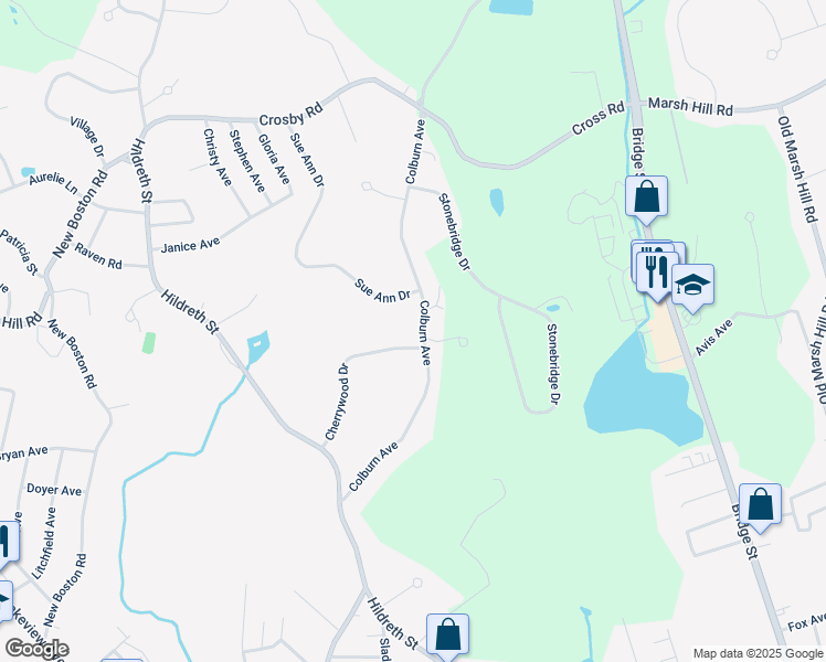 map of restaurants, bars, coffee shops, grocery stores, and more near 174 Colburn Avenue in Dracut