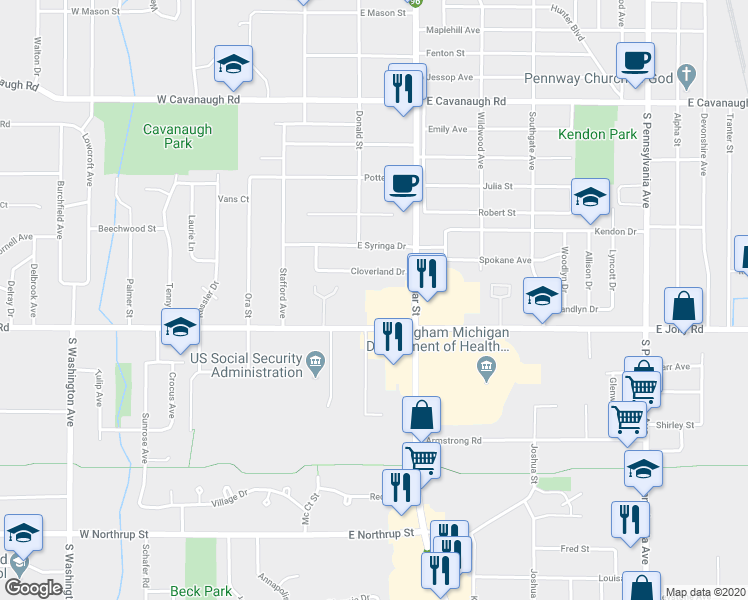 map of restaurants, bars, coffee shops, grocery stores, and more near 5020 South Cedar Street in Lansing