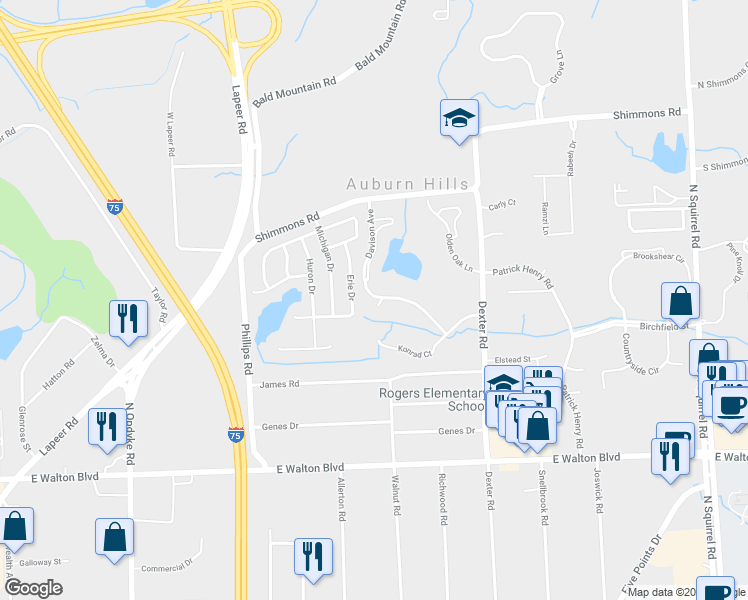 map of restaurants, bars, coffee shops, grocery stores, and more near 2762 Davison Avenue in Auburn Hills