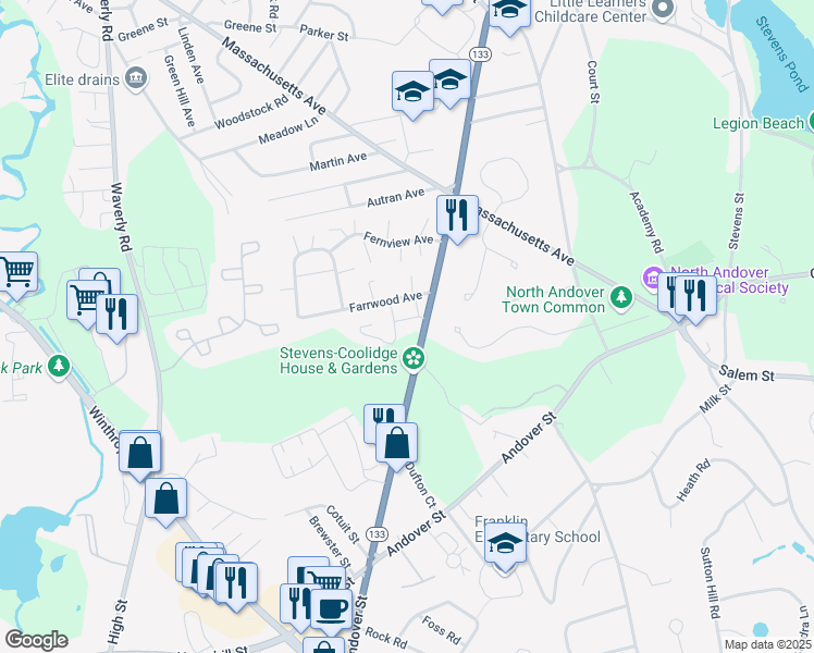 map of restaurants, bars, coffee shops, grocery stores, and more near 180 Chickering Road in North Andover