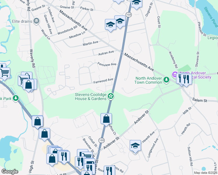 map of restaurants, bars, coffee shops, grocery stores, and more near 180 Chickering Road in North Andover