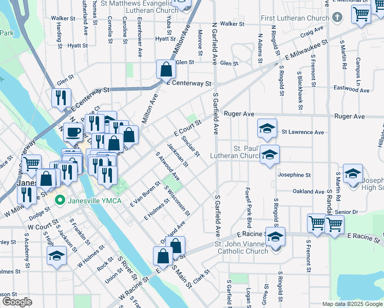 map of restaurants, bars, coffee shops, grocery stores, and more near 118 Sinclair Street in Janesville