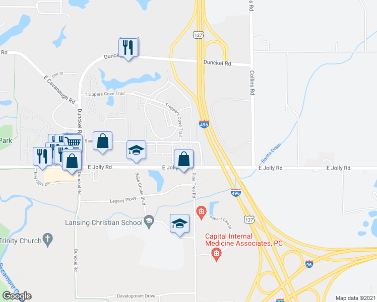 map of restaurants, bars, coffee shops, grocery stores, and more near 3338 BeauJardin Drive in Lansing