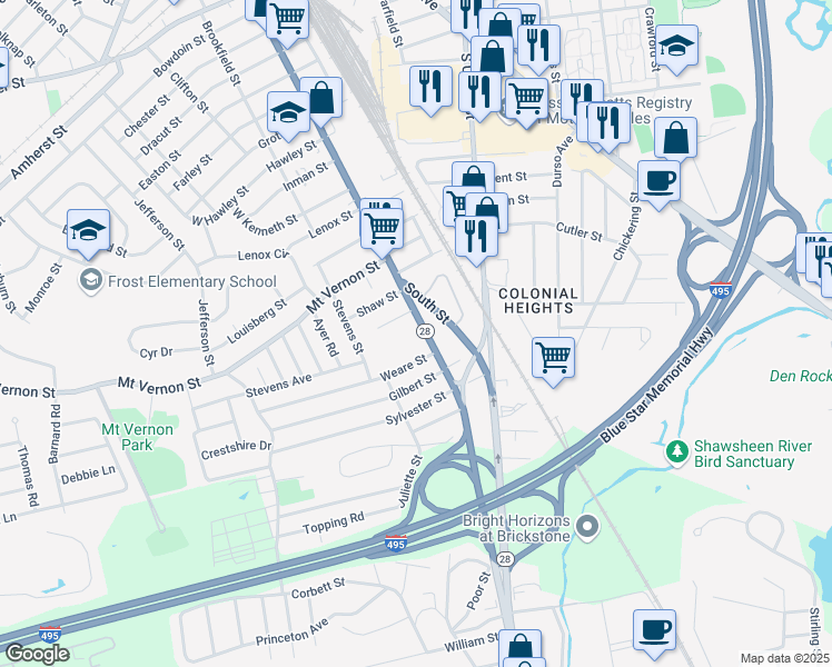 map of restaurants, bars, coffee shops, grocery stores, and more near 479 South Broadway in Lawrence