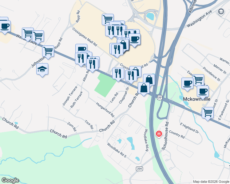 map of restaurants, bars, coffee shops, grocery stores, and more near 10 Leto Road in Albany