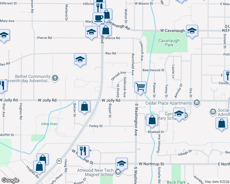 map of restaurants, bars, coffee shops, grocery stores, and more near 5010 Delray Drive in Lansing